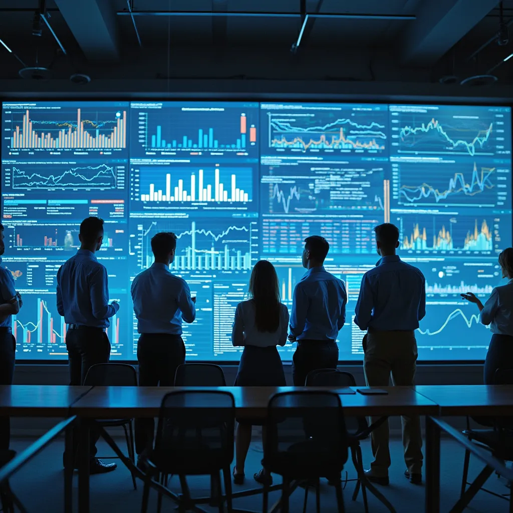 Consultores analizando datos en pantalla grande